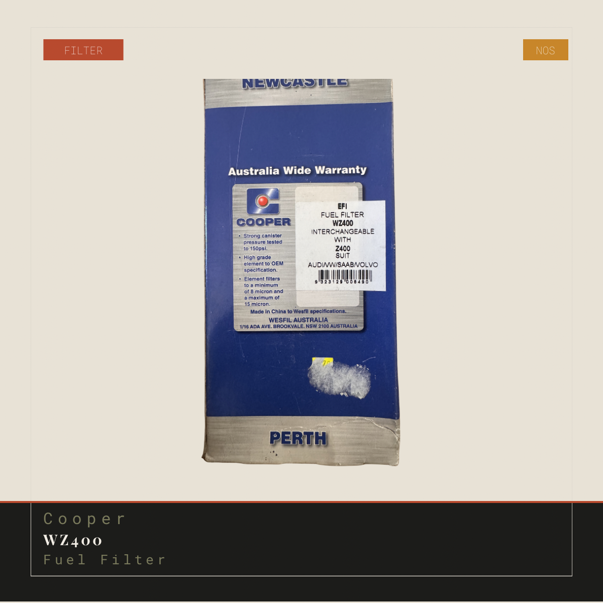 Cooper WZ400 fuel filter packaging with branding and text on a beige background