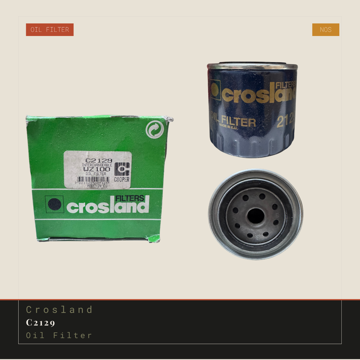Crosland C2129 oil filter shown with its green retail box, a top view of the dark blue filter canister, and a bottom view of the filter body on a beige background with a black footer.