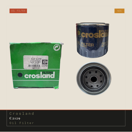 Crosland C2129 oil filter shown with its green retail box, a top view of the dark blue filter canister, and a bottom view of the filter body on a beige background with a black footer.