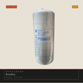 A cylindrical silver fuel filter with a white label featuring blue text and the model number P555823, shown against a light beige background with a dark info banner at the bottom.