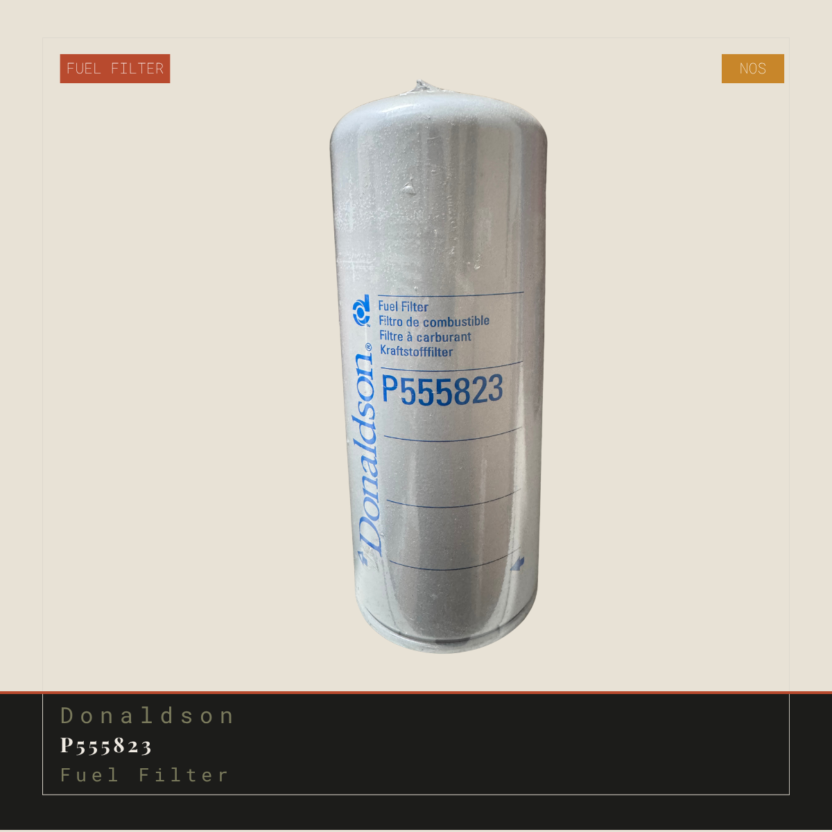 A cylindrical silver fuel filter with a white label featuring blue text and the model number P555823, shown against a light beige background with a dark info banner at the bottom.