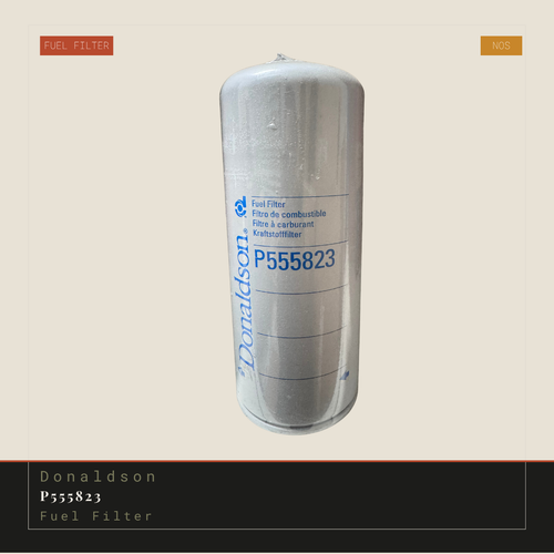 A cylindrical silver fuel filter with a white label featuring blue text and the model number P555823, shown against a light beige background with a dark info banner at the bottom.