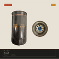 A Fram P3528 fuel filter shown upright next to a top-down view of its metal end cap with a blue O-ring, on a light beige background with a black label bar at the bottom.