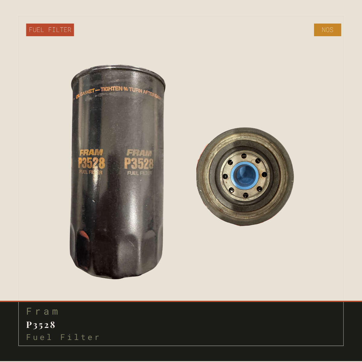 A Fram P3528 fuel filter shown upright next to a top-down view of its metal end cap with a blue O-ring, on a light beige background with a black label bar at the bottom.