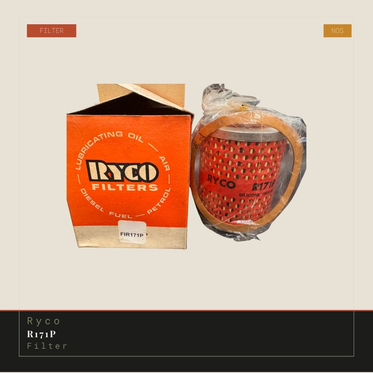 Ryco oil filter packaging and filter on a beige background