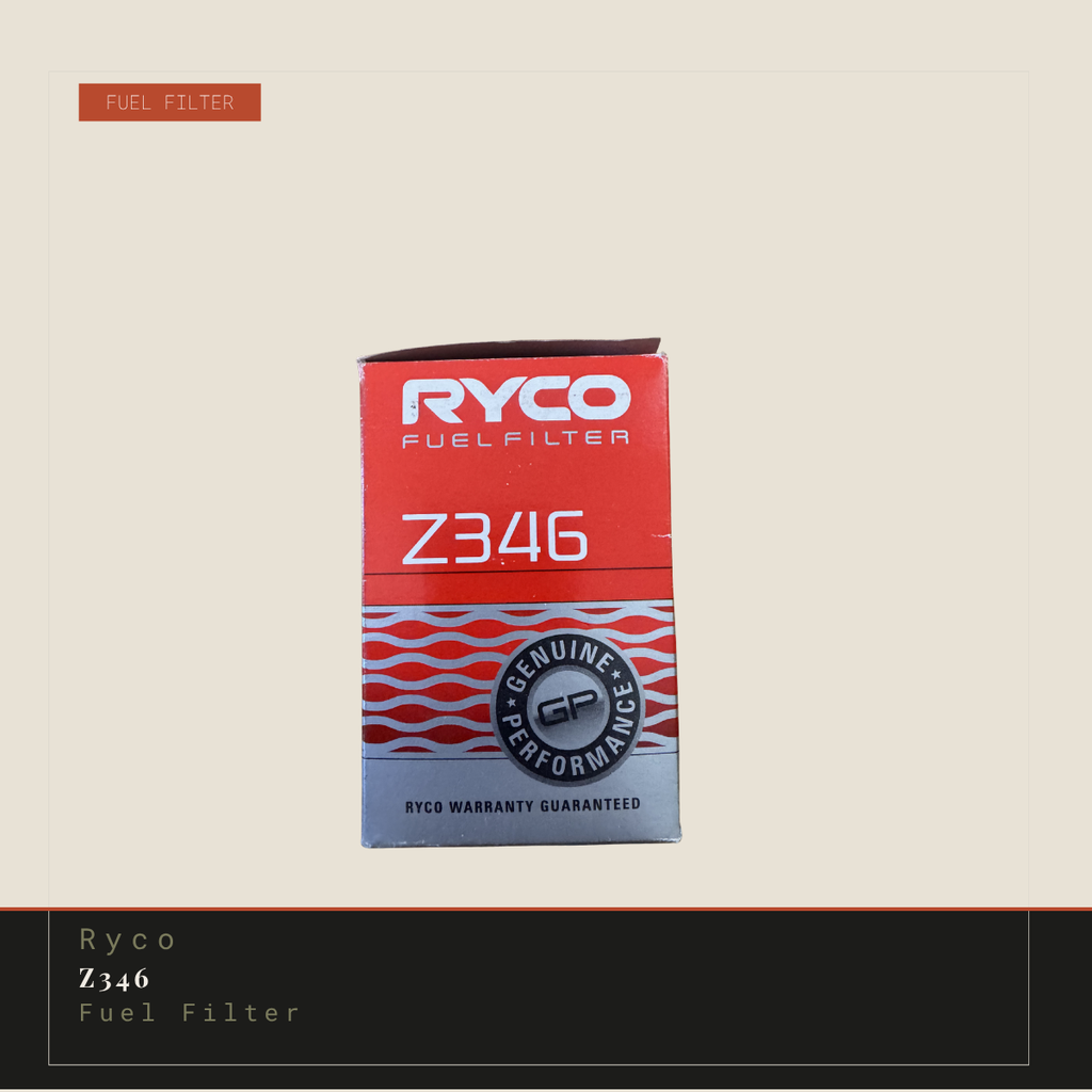 A boxed Ryco Z346 fuel filter package shown against a light beige background, with a black banner at the bottom containing the text 'Ryco Z346 Fuel Filter' and a small orange label reading 'FUEL FILTER'. The box is predominantly red and white with a blue-gray lower section and wave graphics.