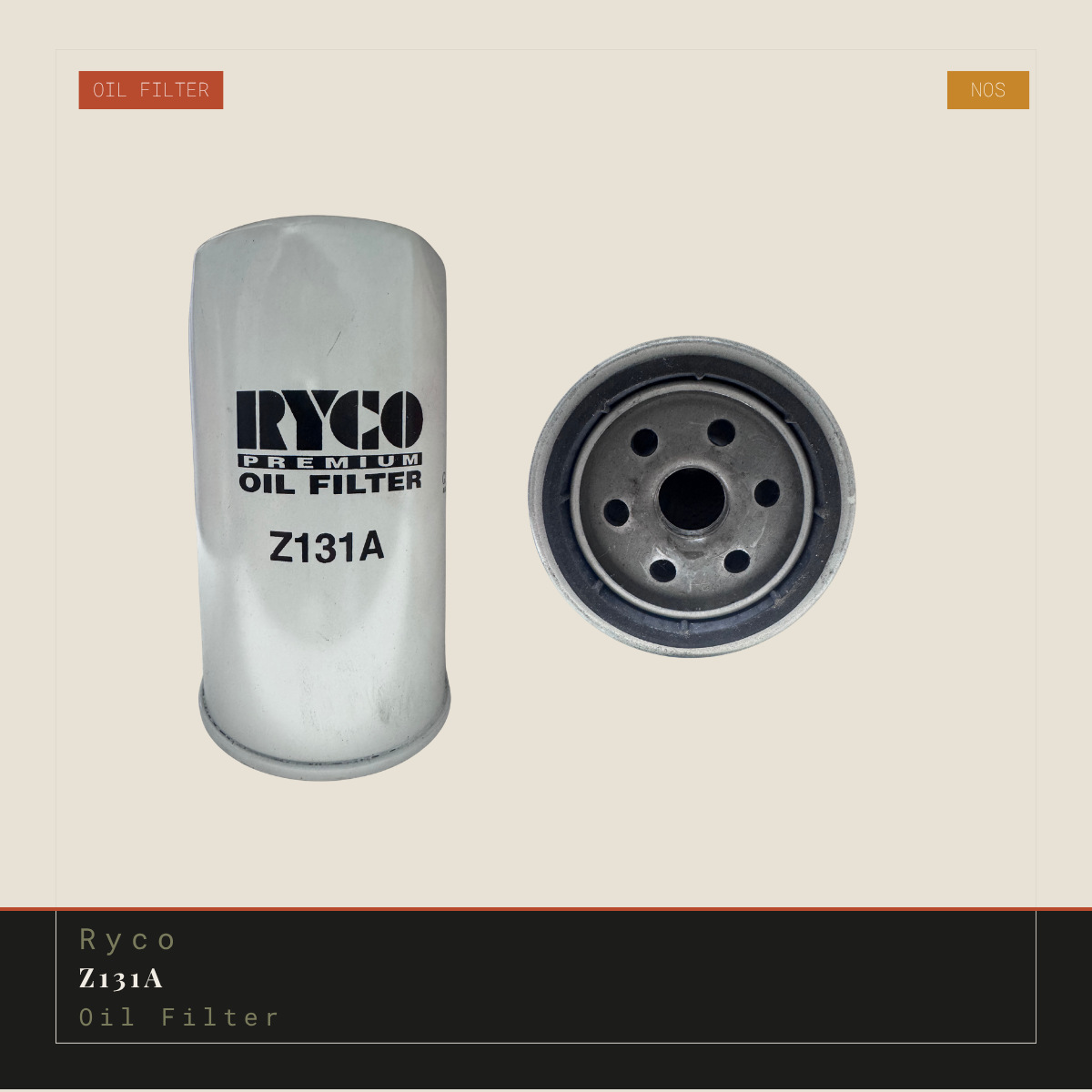 A cylindrical automotive oil filter shown from two angles on a light beige background, with a black banner at the bottom reading 'Ryco Z131A Oil Filter'. The filter body is white with black printed branding and model text, and the second view shows the inner metal mesh and filter elements.