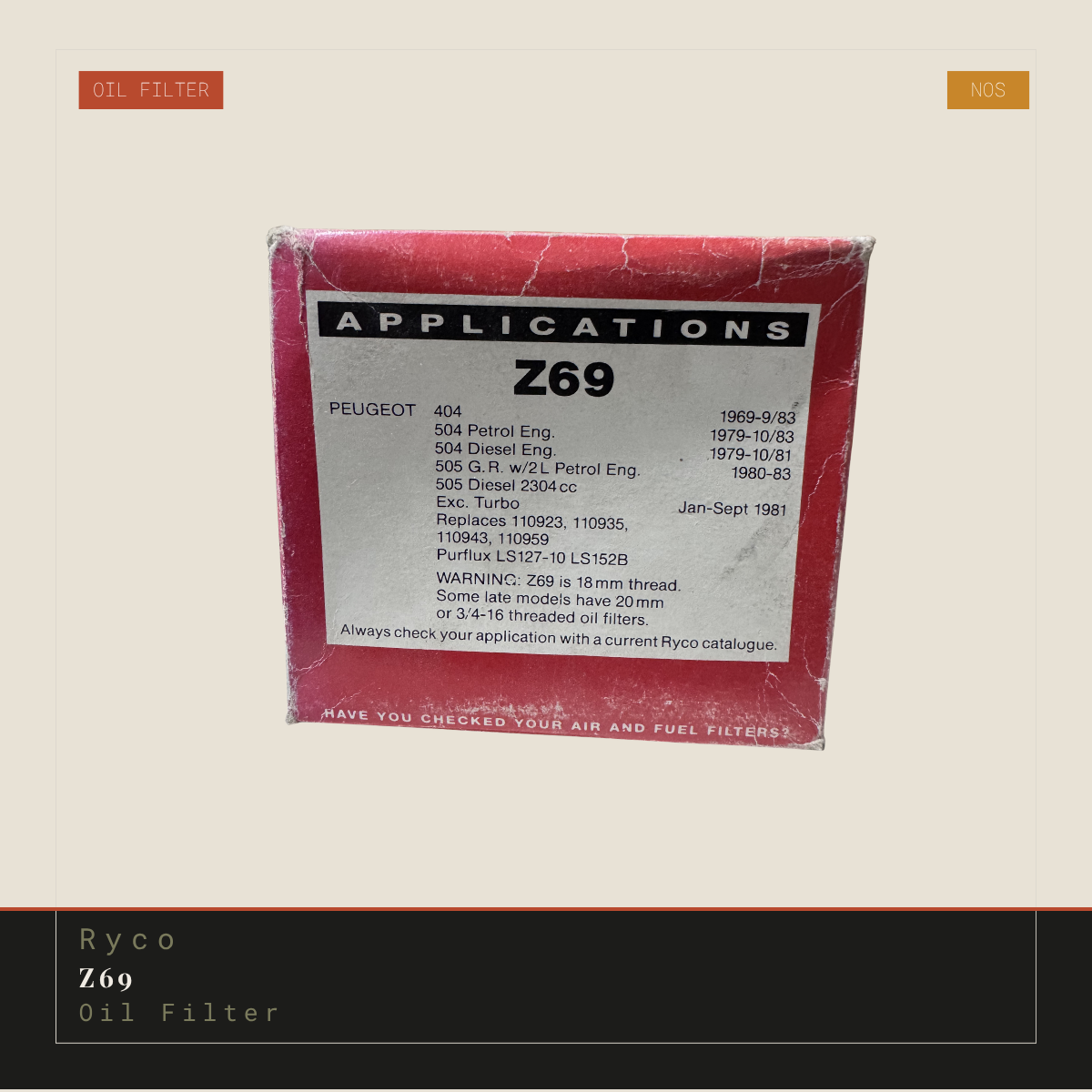 Ryco Z69 Oil Filter | Genuine NOS Replacement