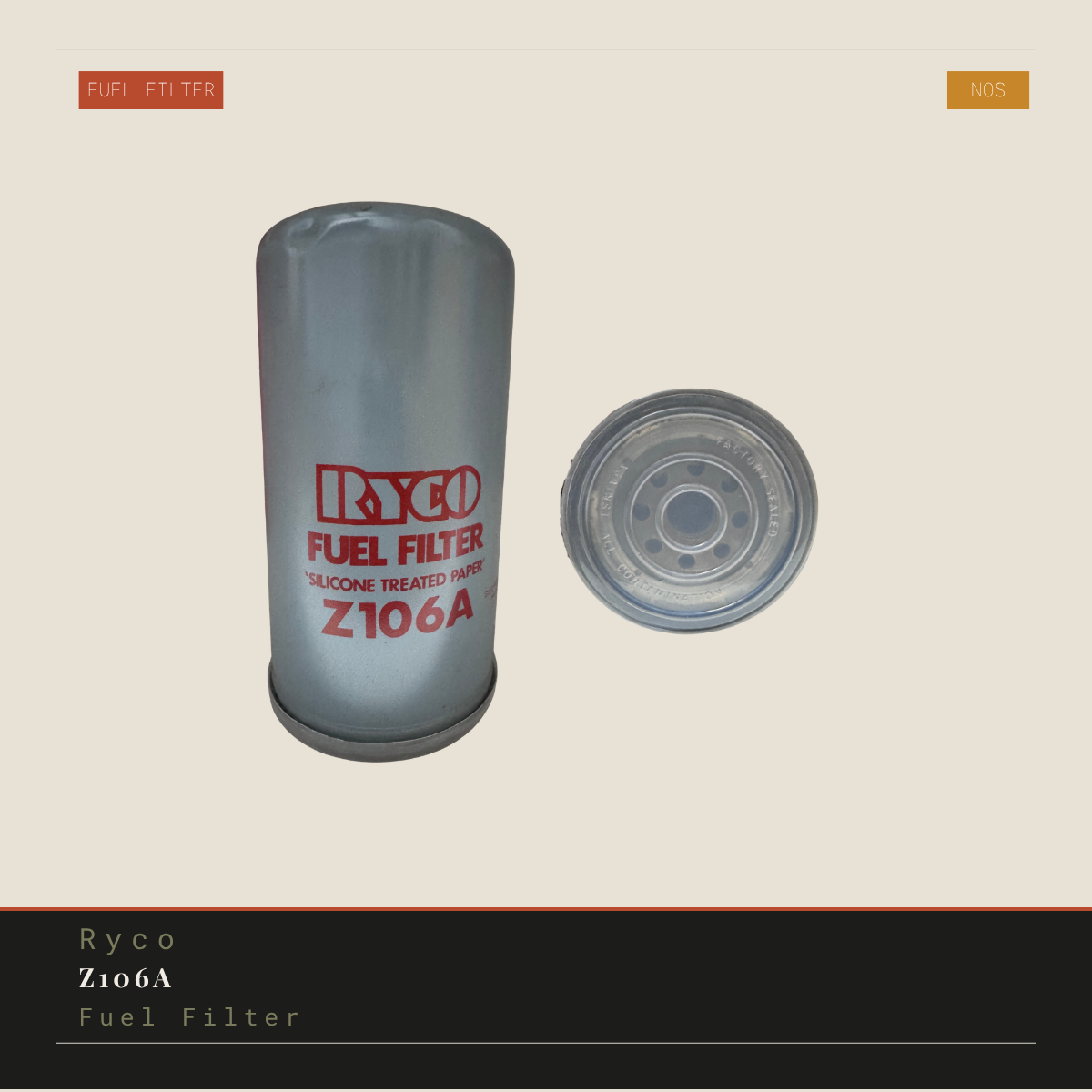 A cylindrical silver metal fuel filter with red printed text reading 'RYCO FUEL FILTER' and 'Z106A', shown alongside a separate circular end cap on a light beige background with a black footer containing product text.