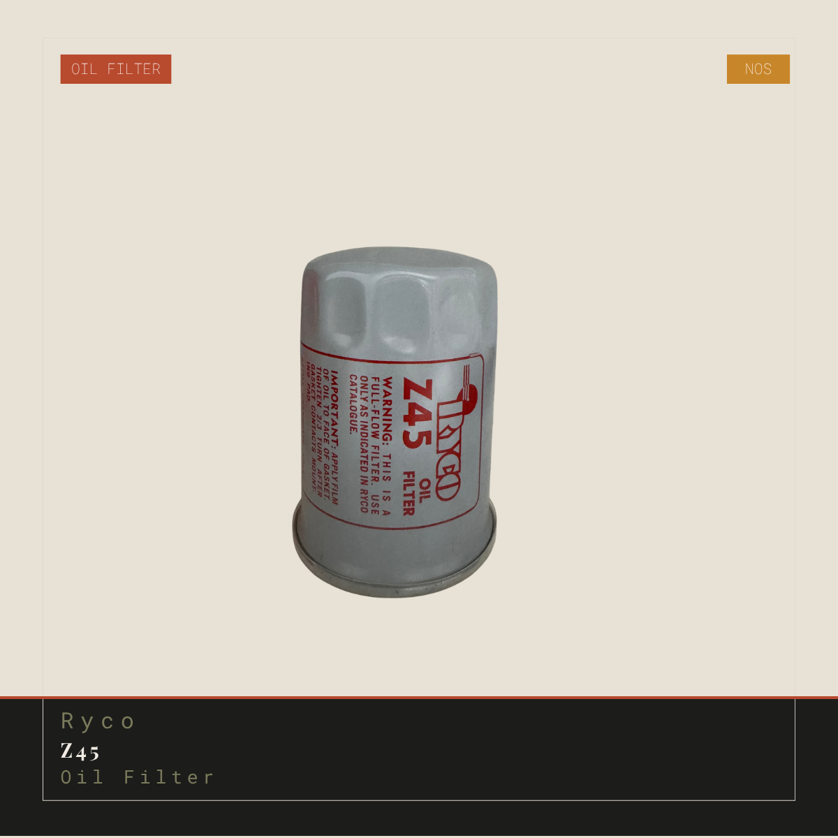 Ryco Z45 oil filter on a beige background