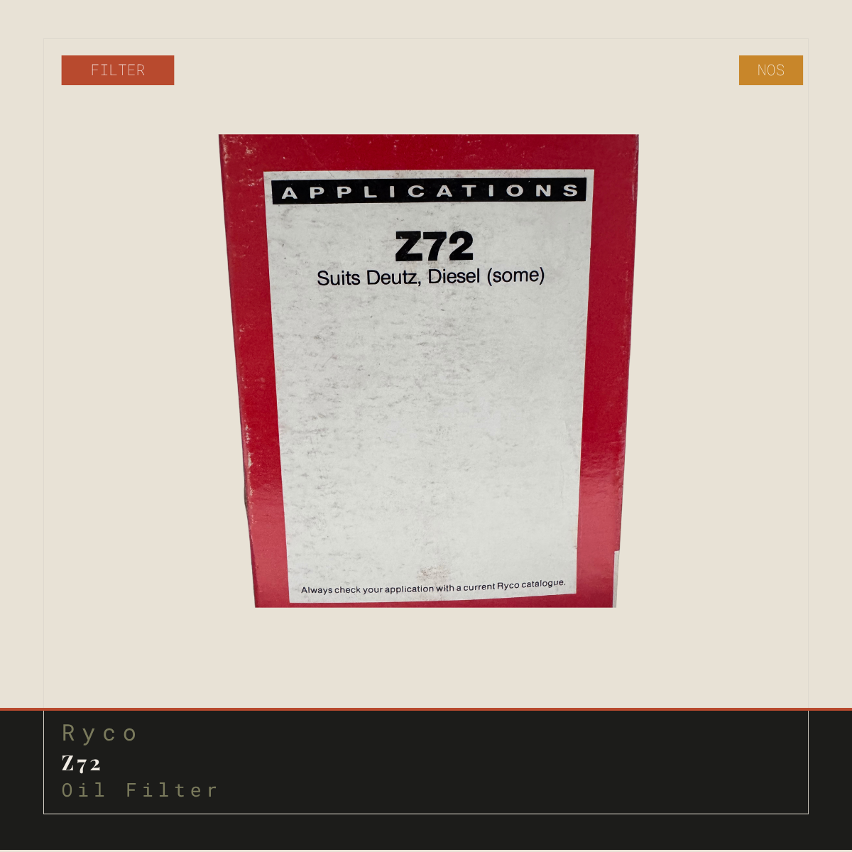 Ryco Z72 Oil Filter Genuine NOS