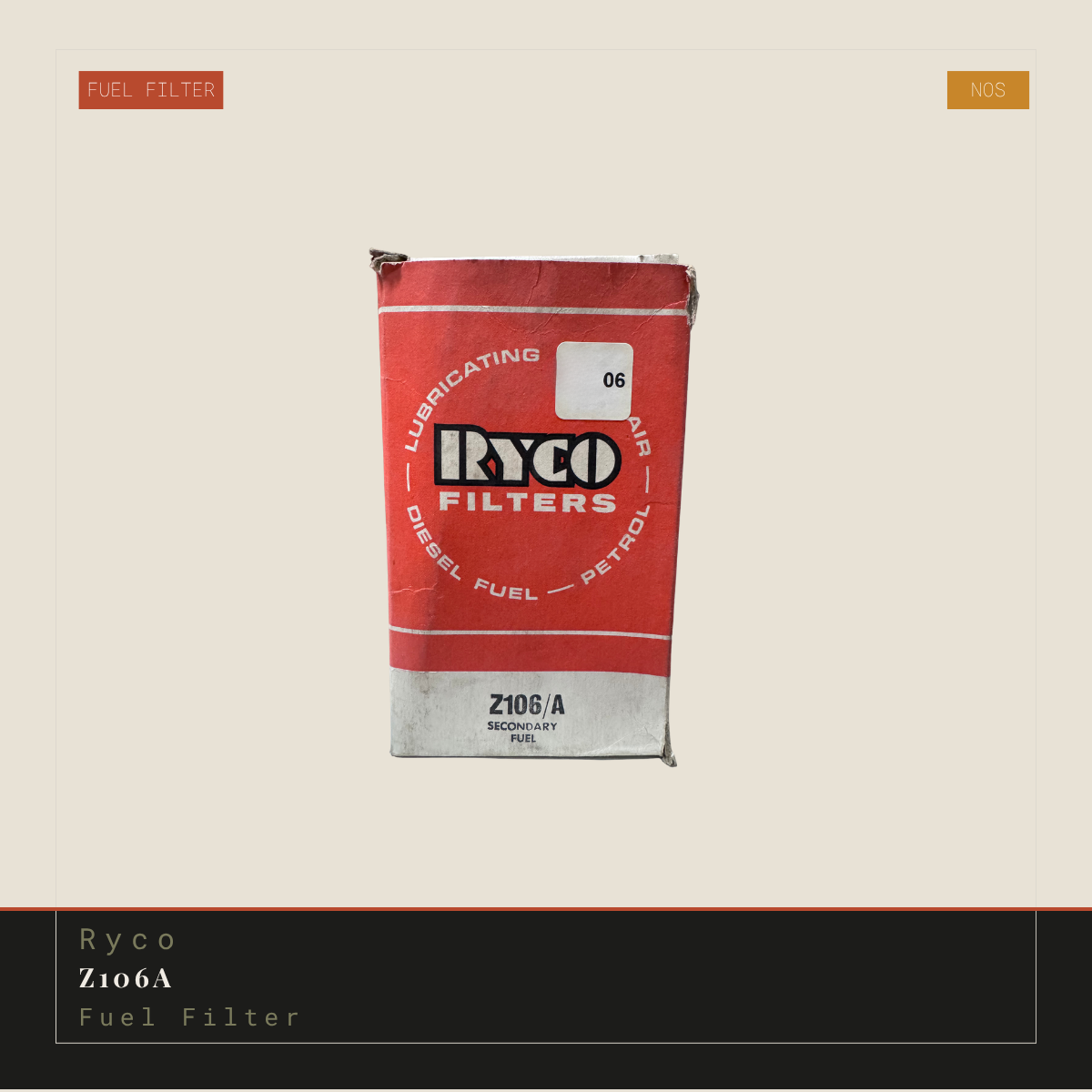 A vintage Ryco Z106A fuel filter bag, red and white with black branding, centered on a beige background with a dark text banner at the bottom.